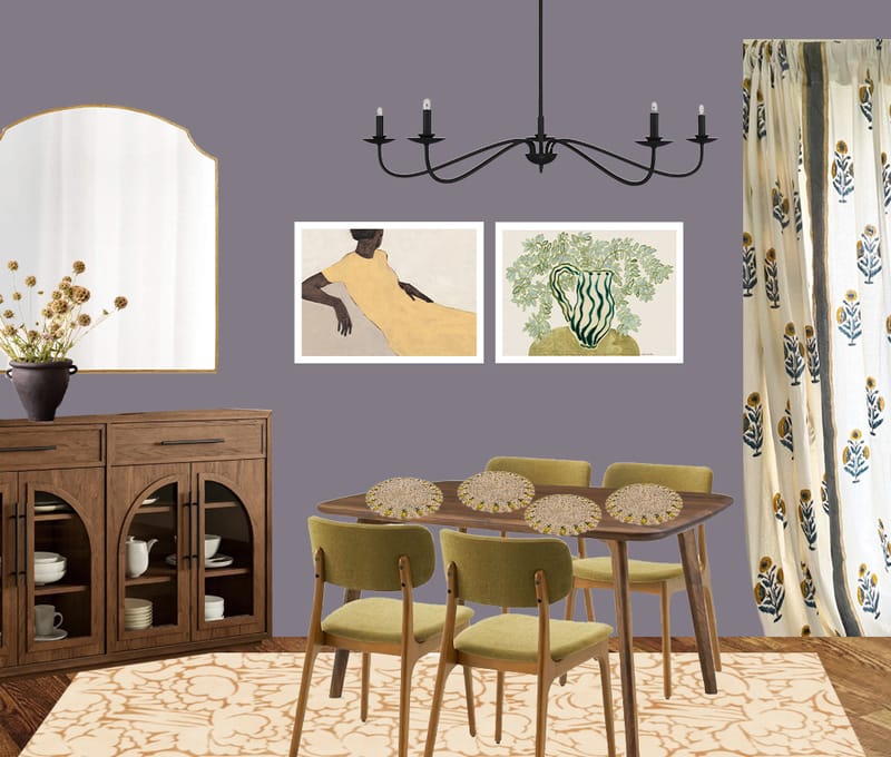 Two-dimensional design rendering of a dining room: heather-grey walls, a walnut sideboard, olive upholstered chairs, block-print curtains and two framed prints beneath a black chandelier