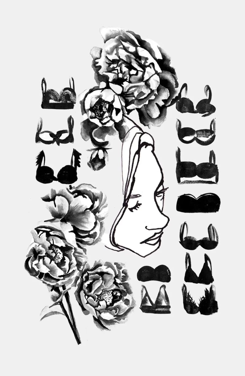 An ink illustration by Nicole: a line-drawn face among peonies, surrounded by drawings of lingerie