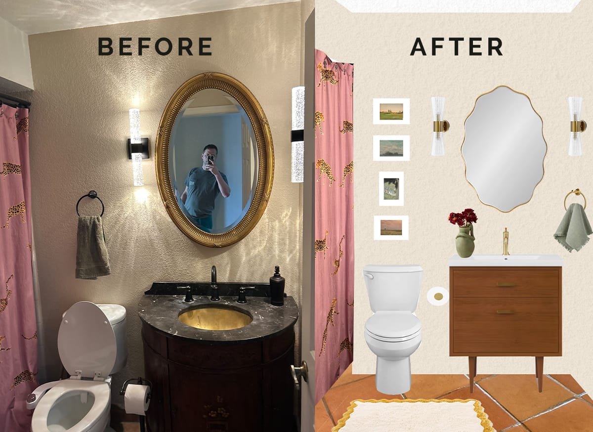 Before and after renderings of a bathroom, the dated vanity replaced with a walnut unit, art and a pink shower curtain
